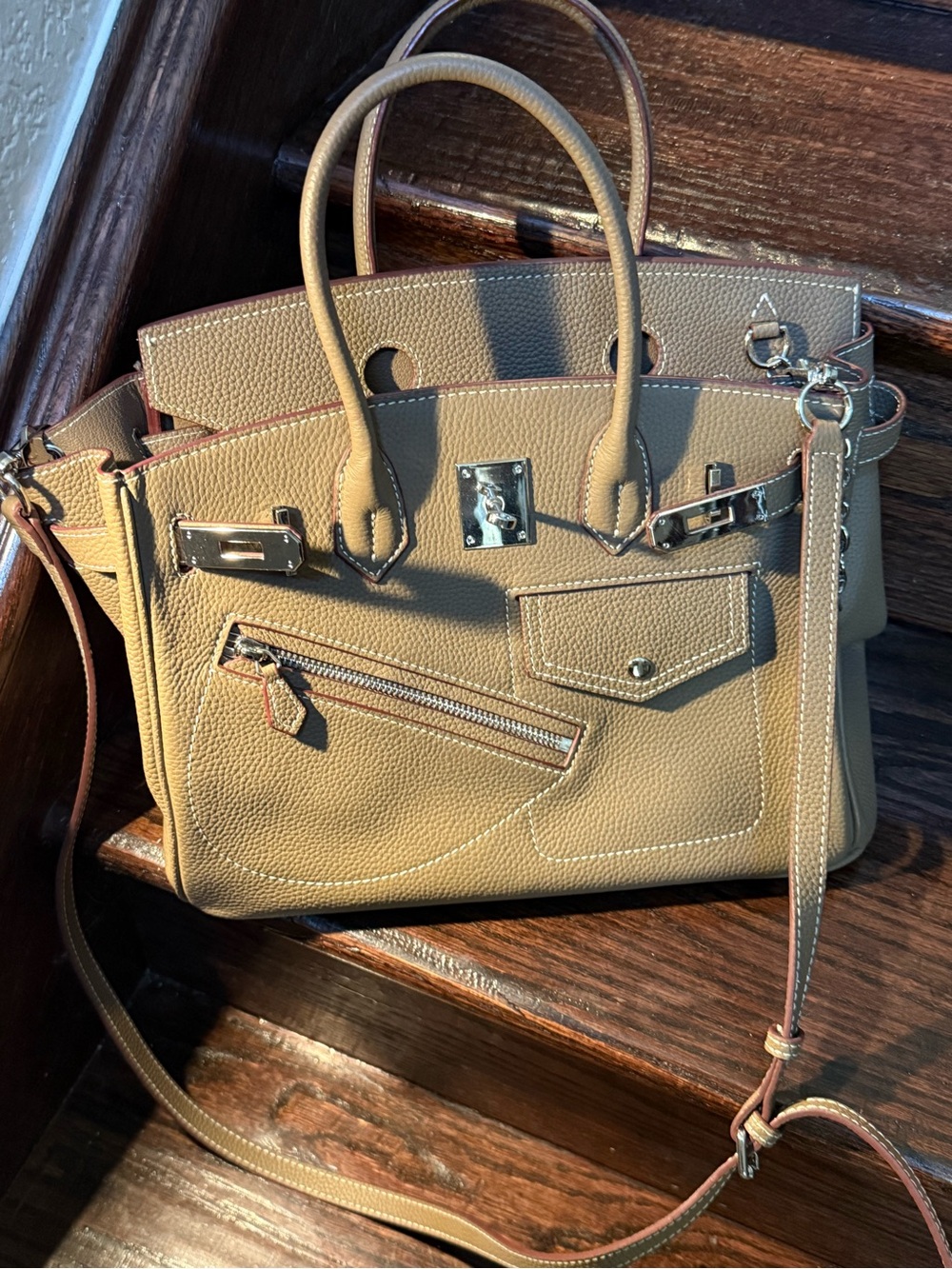 Leather Satchel Handbag in Taupe - Designer-Inspired Women Bag